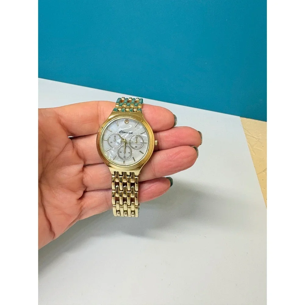 Classique Gold Tone Chronograph Style Watch Mother of Pearl Face Stainless Steel